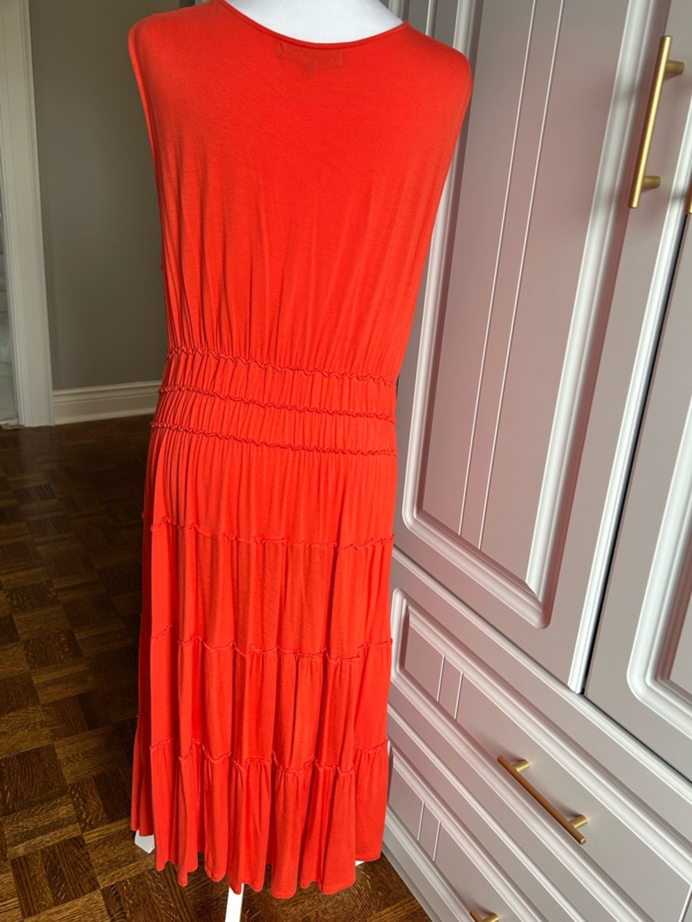 Addition Elle Bright Coral Sleeveless V-Neck Tiered Midi Dress - Picture 4 of 6